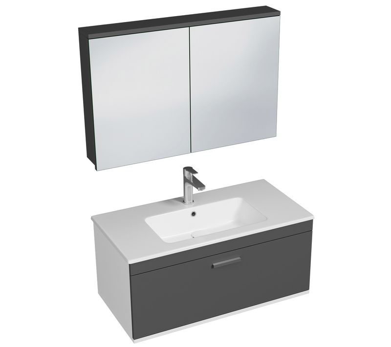 Meuble 1 Vasque Encastrée 100 Cm + Miroir Armoire 1 Tiroir Gris Anthracite Salle De Bain - Rubite