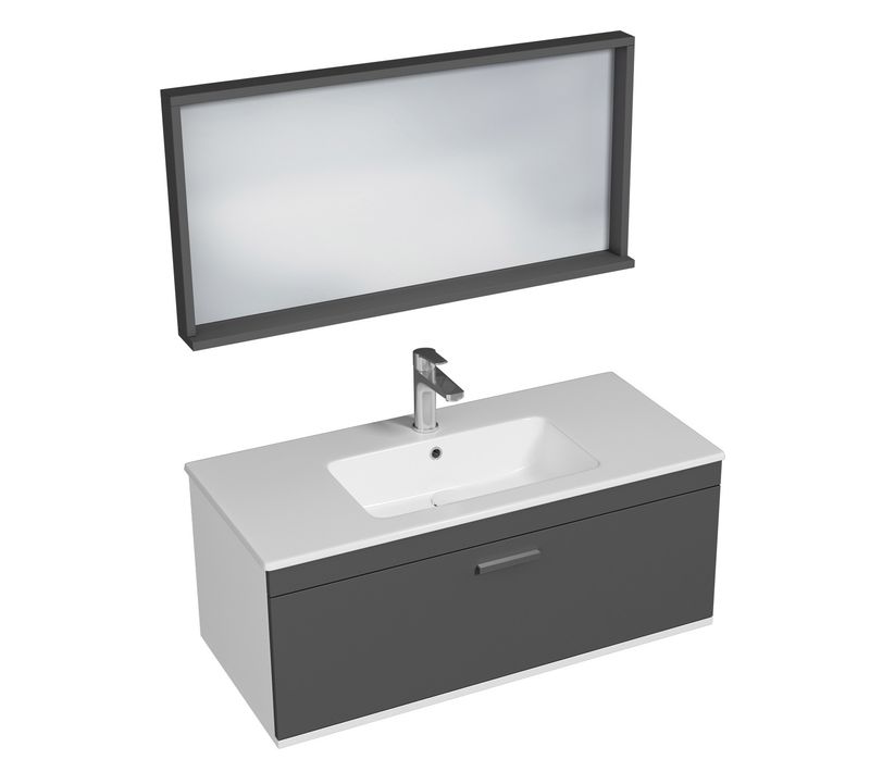 Meuble 1 Vasque Encastrée 100 Cm + Miroir Cadre 1 Tiroir Gris Anthracite Salle De Bain - Rubite