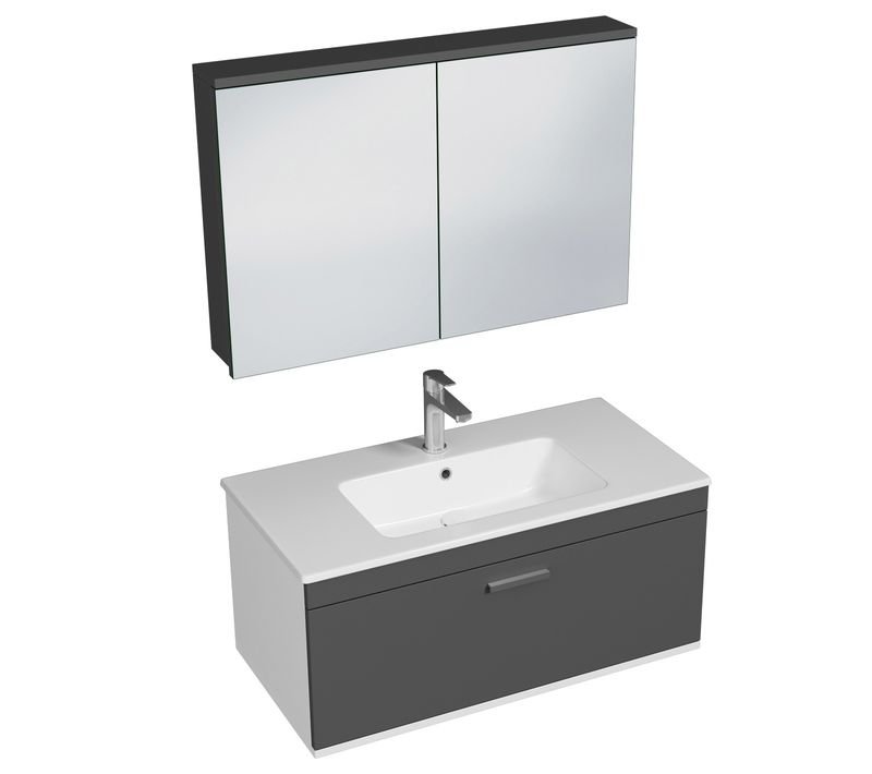 Meuble 1 Vasque Encastrée 90 Cm + Miroir Armoire 1 Tiroir Gris Anthracite Salle De Bain - Rubite
