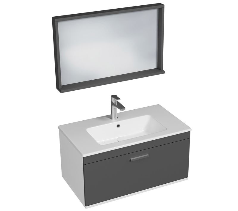 Meuble 1 Vasque Encastrée 80 Cm + Miroir Cadre 1 Tiroir Gris Anthracite Salle De Bain - Rubite