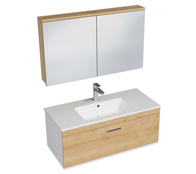 Meuble 1 Vasque Encastrée 100 Cm + Miroir Armoire 1 Tiroir Chêne Clair Salle De Bain - Rubite