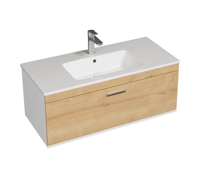 Meuble 1 Vasque Encastrée 100 Cm 1 Tiroir Chêne Clair Salle De Bain - Rubite