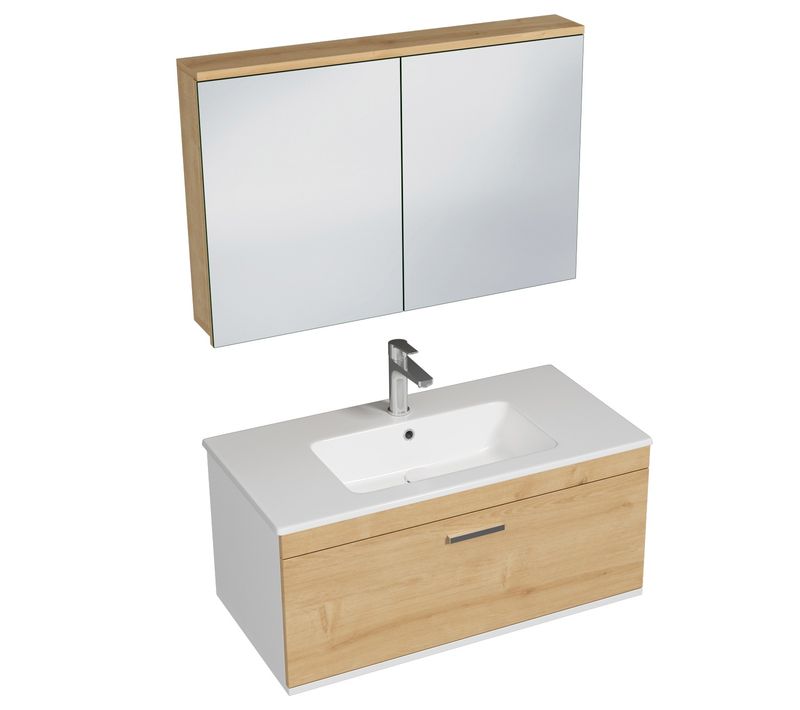 Meuble 1 Vasque Encastrée 90 Cm + Miroir Armoire 1 Tiroir Chêne Clair Salle De Bain - Rubite