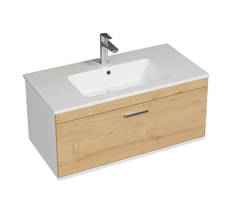 Meuble 1 Vasque Encastrée 90 Cm 1 Tiroir Chêne Clair Salle De Bain - Rubite