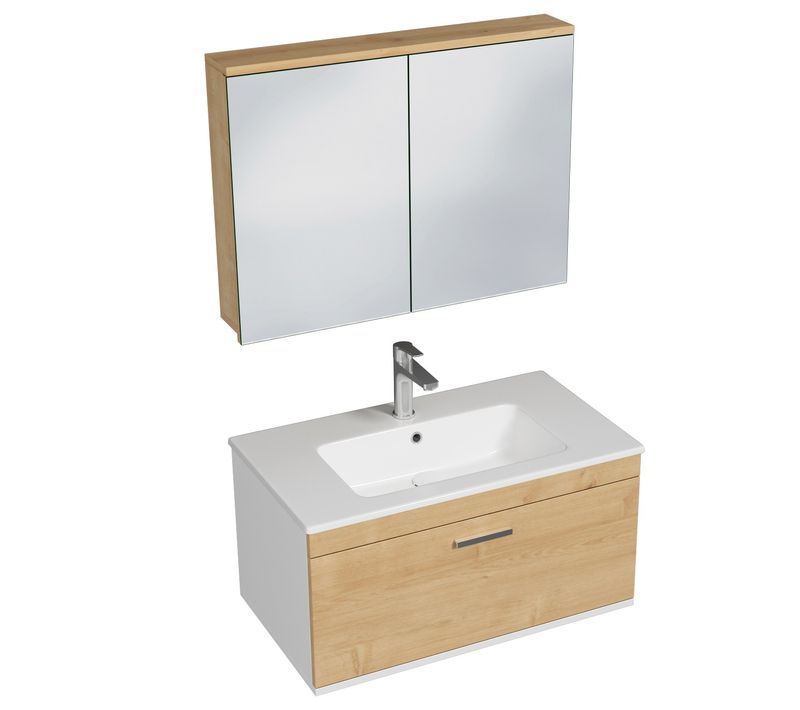 Meuble 1 Vasque Encastrée 80 Cm + Miroir Armoire 1 Tiroir Chêne Clair Salle De Bain - Rubite