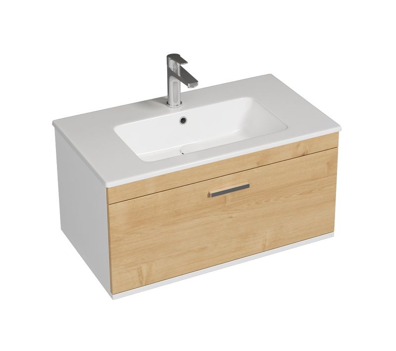 Meuble 1 Vasque Encastrée 80 Cm 1 Tiroir Chêne Clair Salle De Bain - Rubite