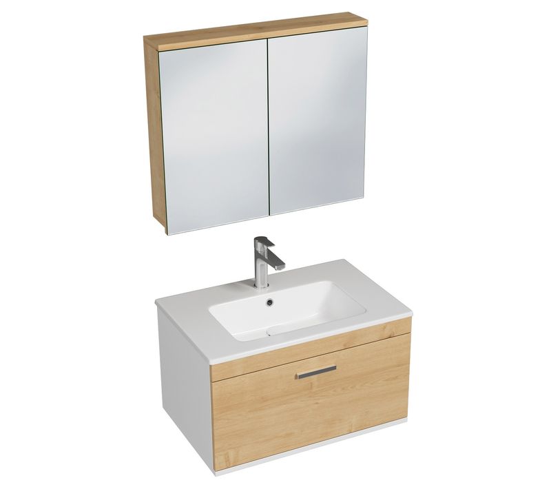 Meuble 1 Vasque Encastrée 70 Cm + Miroir Armoire 1 Tiroir Chêne Clair Salle De Bain - Rubite