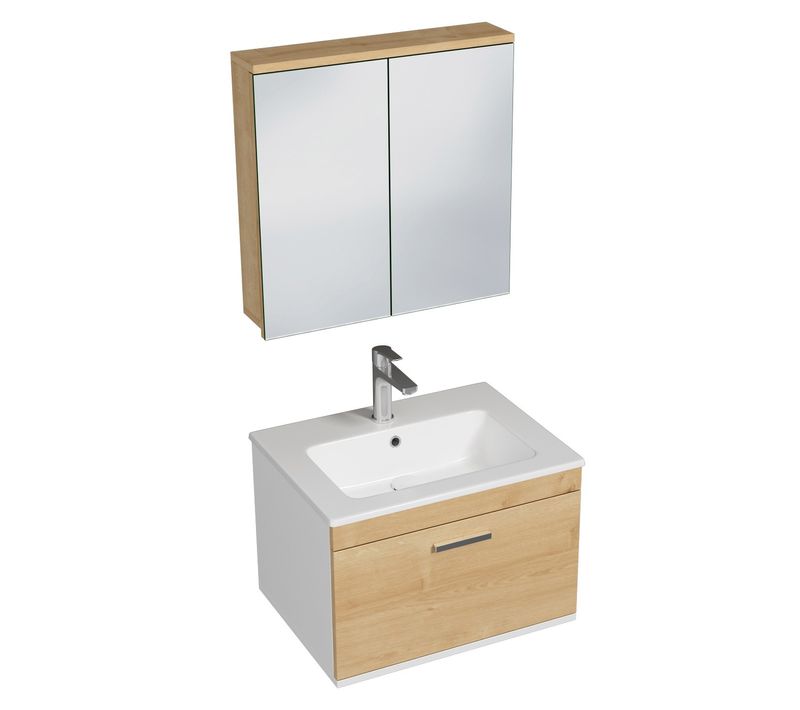 Meuble 1 Vasque Encastrée 60 Cm + Miroir Armoire 1 Tiroir Chêne Clair Salle De Bain - Rubite