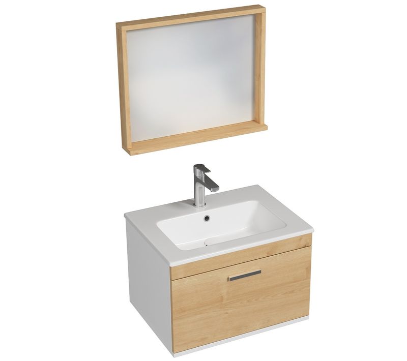 Meuble 1 Vasque Encastrée 60 Cm + Miroir Cadre 1 Tiroir Chêne Clair Salle De Bain - Rubite