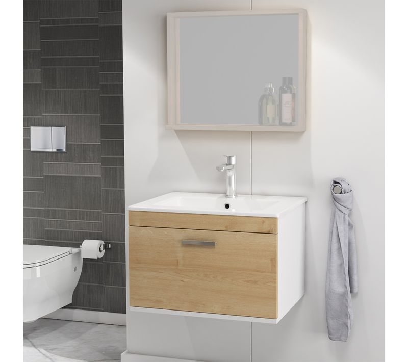 Meuble 1 Vasque Encastrée 60 Cm 1 Tiroir Chêne Clair Salle De Bain - Rubite