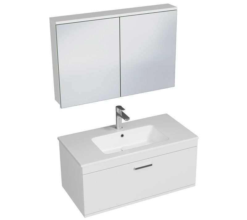 Meuble 1 Vasque Encastrée 100 Cm + Miroir Armoire 1 Tiroir Blanc Salle De Bain - Rubite