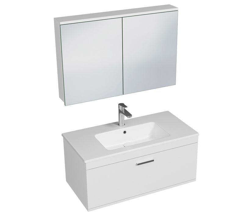 Meuble 1 Vasque Encastrée 90 Cm + Miroir Armoire 1 Tiroir Blanc Salle De Bain - Rubite
