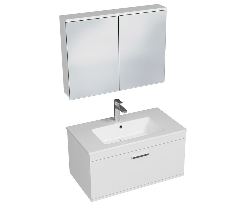 Meuble 1 Vasque Encastrée 80 Cm + Miroir Armoire 1 Tiroir Blanc Salle De Bain - Rubite