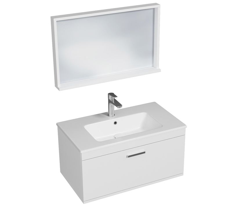 Meuble 1 Vasque Encastrée 80 Cm + Miroir Cadre 1 Tiroir Blanc Salle De Bain - Rubite