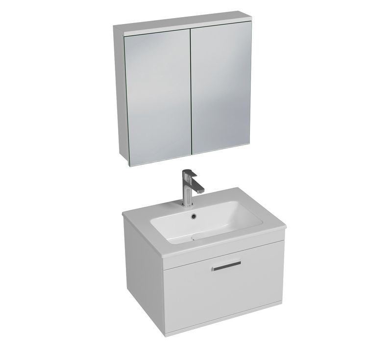 Meuble 1 Vasque Encastrée 60 Cm + Miroir Armoire 1 Tiroir Blanc Salle De Bain - Rubite