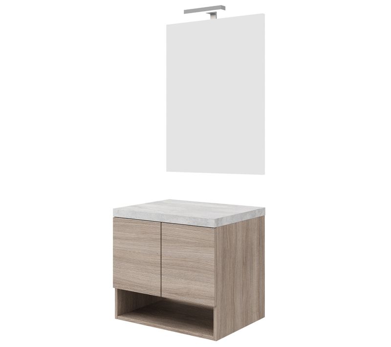 Meuble Sous Vasque 60cm+miroir Chêne Fumé + Plan Gris Béton - Oslo
