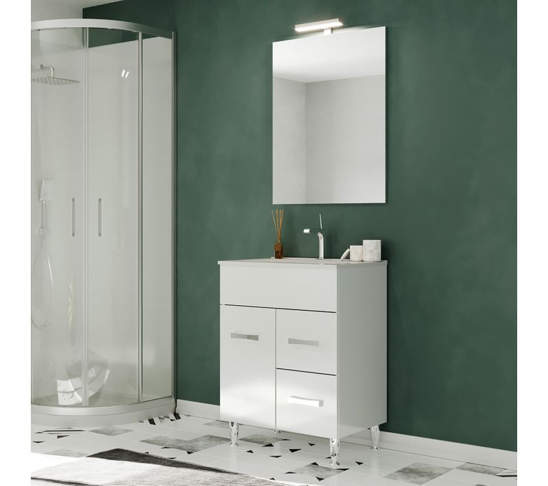 Meuble Vasque 60cm+miroir Blanc Sur Pied Salle De Bain - Madrid