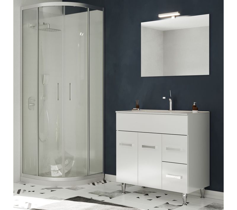 Meuble Vasque 80cm+miroir Blanc Sur Pied Salle De Bain - Madrid