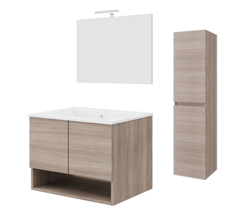 Ensemble Meuble Vasque 80cm +miroir +colonne Chêne Fumé - Oslo