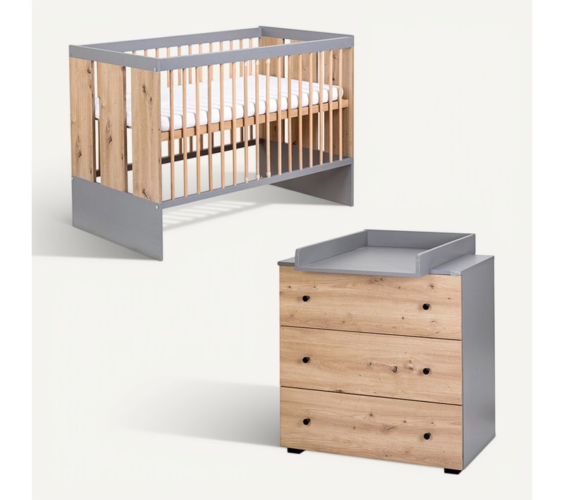 Pauline Ensemble Bébé Lit évolutif, Commode À Langer Bois / Gris 120x60 Cm