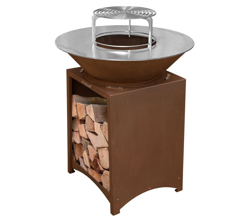 Brasero Haut Acier Corten Plaque Et Grille Amovible Inox Barbecue Plancha Extérieur Ø 75 Cm