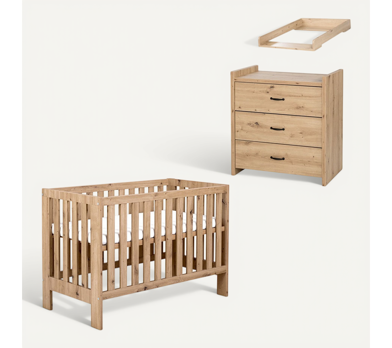 Amelia Ii Ensemble Bébé Lit 120x60 + Commode À Langer Chêne Avec Tiroir