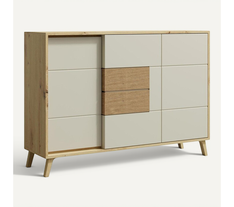 Bruno Buffet Commode 2 Portes 3 Tiroirs 130x89 Cm En Bois Clair Design Intemporel Blanc
