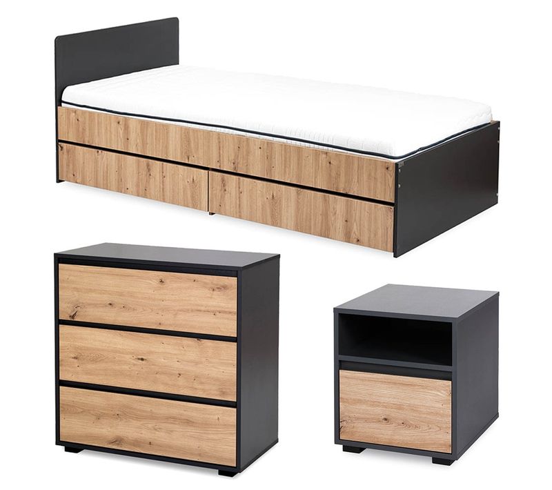 Dalia Chambre Enfant Adolescent Avec Lit, Chevet, Commode Anthracite/chêne