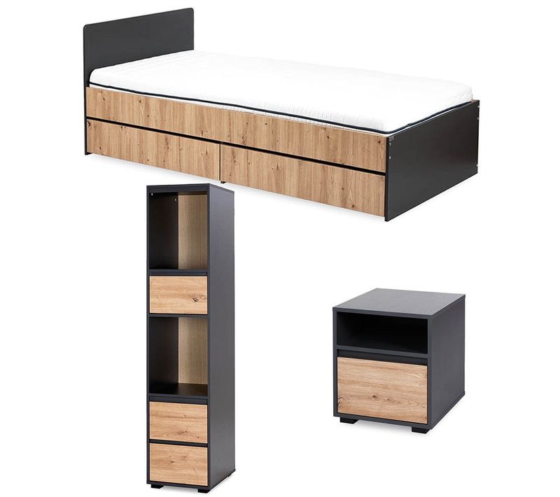 Dalia Chambre Enfant Adolescent Avec Lit, Chevet, Etagère Anthracite/chêne
