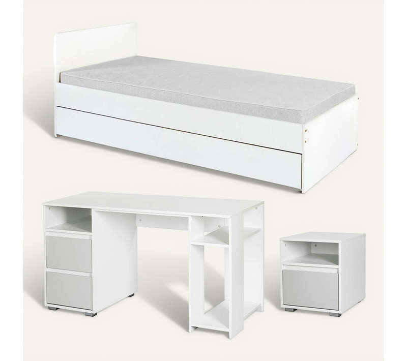 Dalia Chambre Enfant Adolescent Avec Lit, Chevet, Bureau Blanc