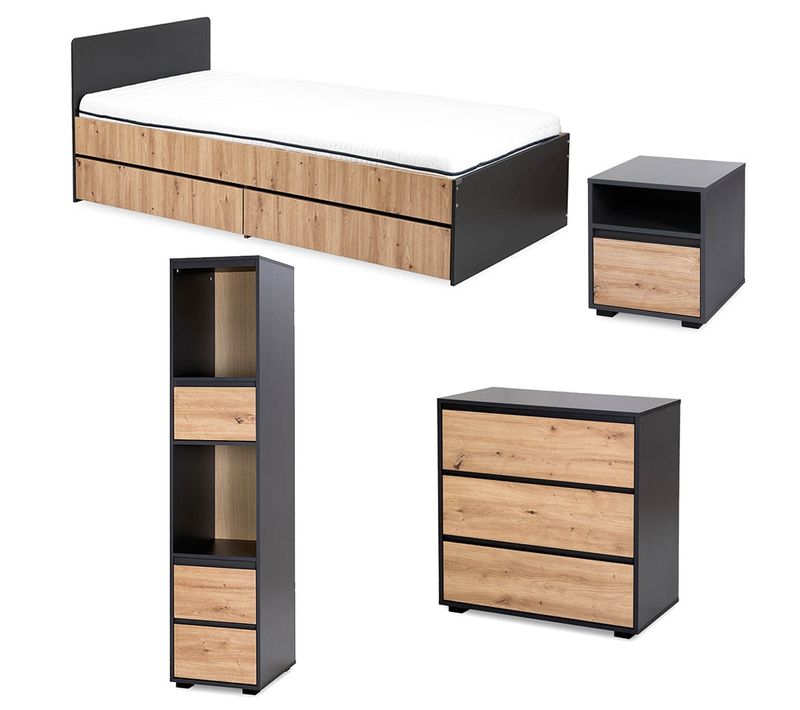 Dalia Chambre Enfant Adolescent Avec Lit, Chevet, Commode, Etagère Anthracite/chêne