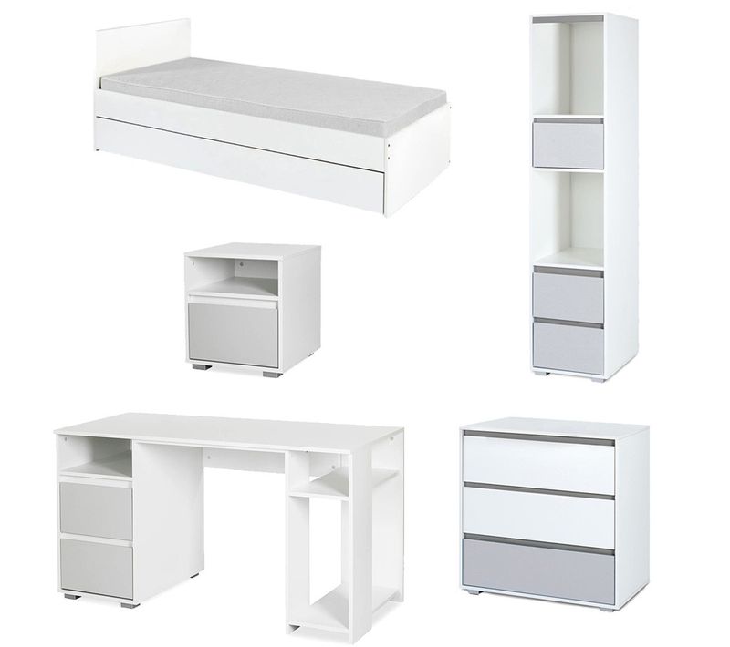 Dalia Chambre Enfant Adolescent Avec Lit, Chevet, Commode, Etagère, Bureau Blanc