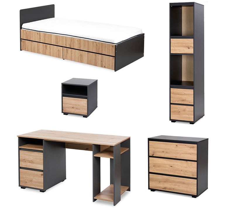 Dalia Chambre Enfant Adolescent Avec Lit, Chevet, Commode, Etagère, Bureau Anthracite/chêne