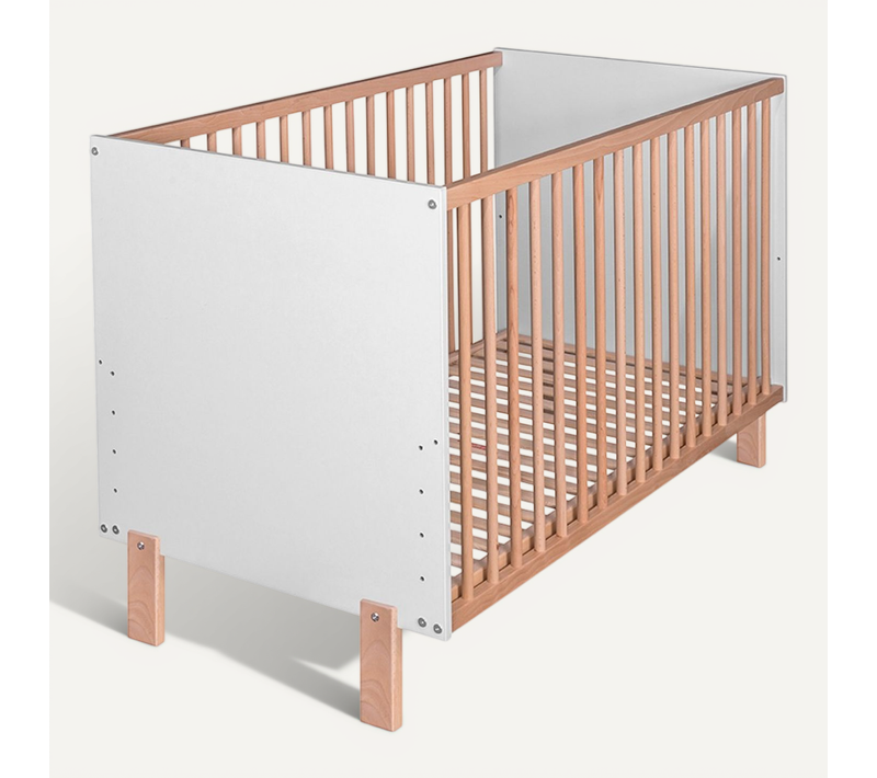 Matti Lit Bébé évolutif à Barreaux Pieds Droits Design Moderne Blanc/bois 120x60 Cm