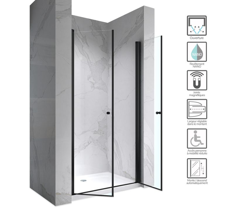 Porte De Douche H180 X L.96 à 100 Cm Verre Transparent - Gina-black