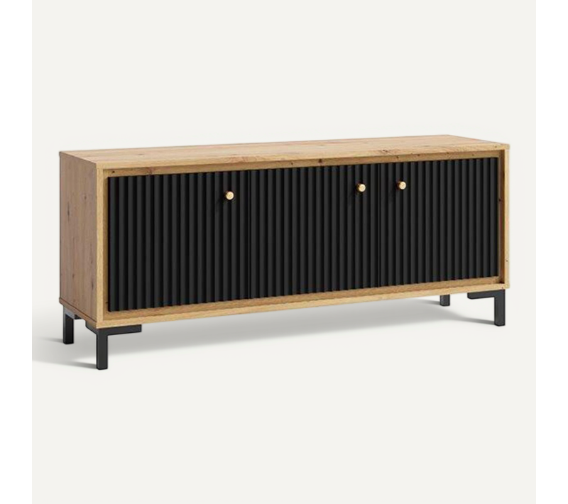 Parii Meuble TV 3 Portes 130x56 Cm En Bois Design Contemporain Noir Mat
