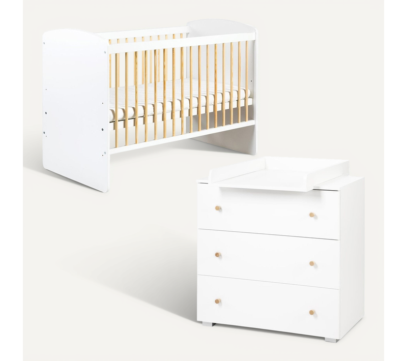 Karolina Ii Ensemble Lit Bébé 120x60 + Commode À Langer Blanc / Pin