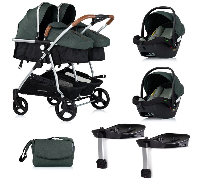 Duo Smart Poussette Jumeaux Ou Enfants Rapprochés Largeur 79 Cm + 2 Cosy Isize Vert Avec Base Isofix