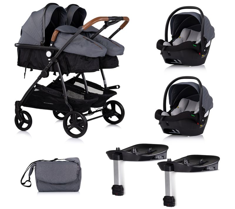 Duo Smart Poussette Jumeaux Ou Enfants Rapprochés Largeur 79 Cm + 2 Cosy Isize Gris Avec Base Isofix