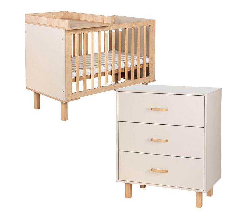 Laura Ensemble Bébé Commode Et Lit Évolutif 120x60 Champagne + Plan à Langer Lit