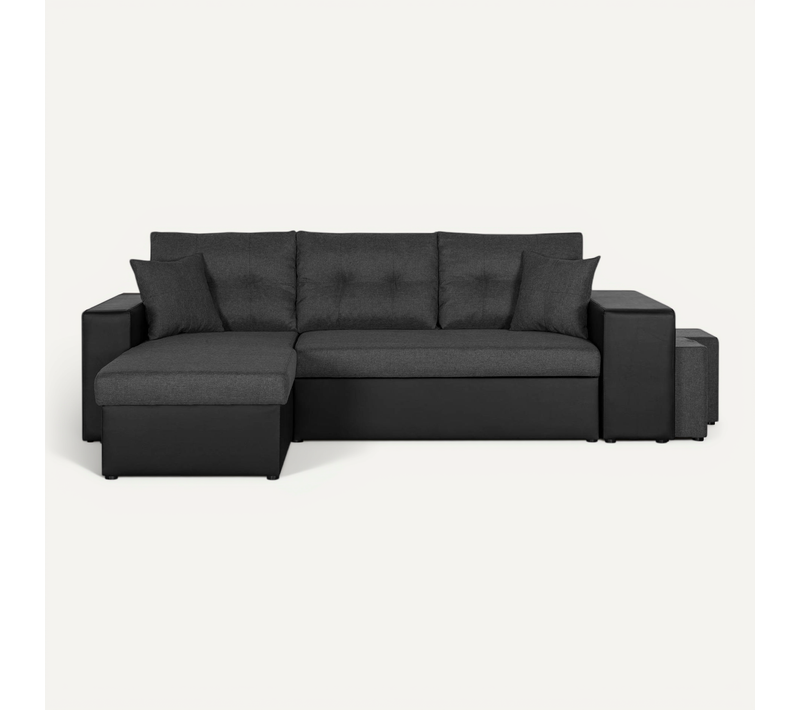 Canapé D'angle  - Convertible Avec Coffre Et étagère De Rangement - En Simili Et Tissu Noir / Gris