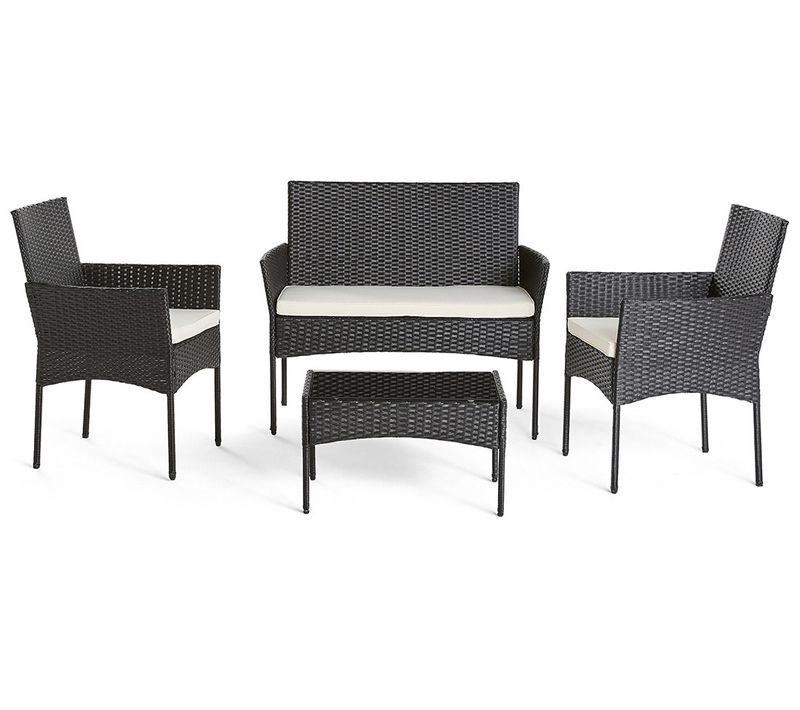 Marbella - Salon Bas De Jardin 4 Places - En Résine Tressée - Noir Avec Coussins Beiges