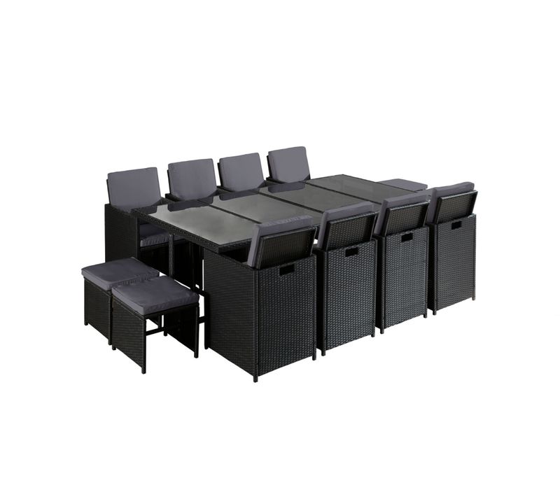 Fira - Salon De Jardin Encastrable 12 Places - En Résine Tressée - Noir Avec Coussins Gris + Housse