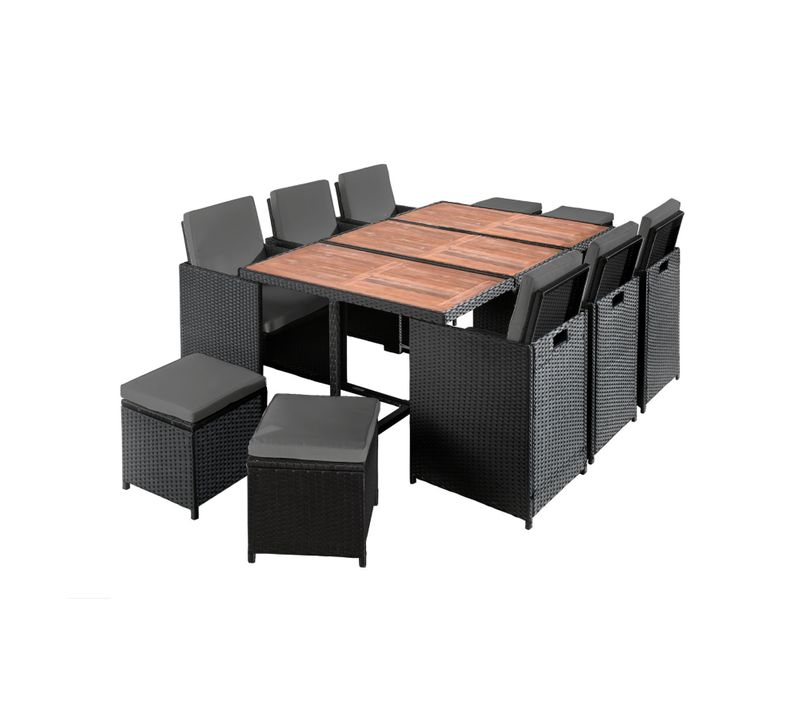 Cuba - Salon De Jardin Encastrable 10 Places - En Résine Tressée - Noir Avec Coussins Gris + Housse