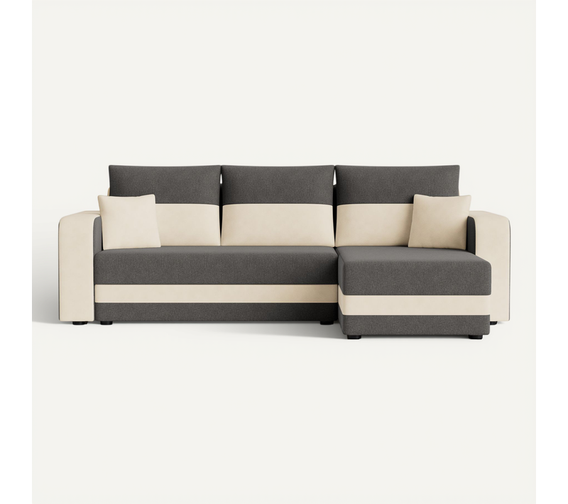 Canapé D'angle  - Convertible - Avec Coffre - En Tissu - 4 Places - Style Contemporain Gris / Beige
