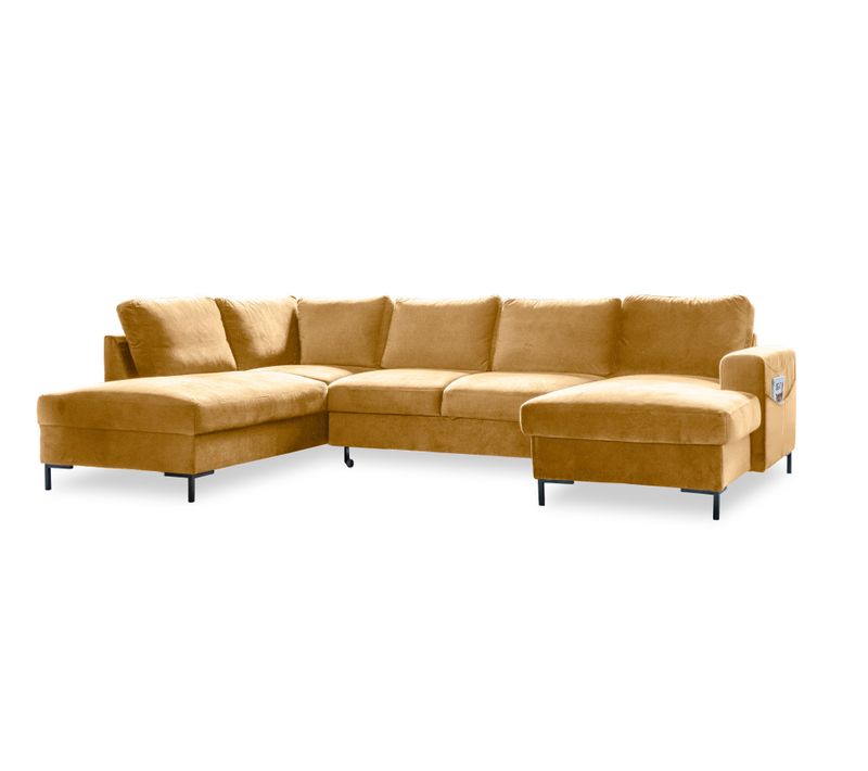 Lilly - Canapé Panoramique D'angle Gauche - 7 Places - Convertible Avec Coffre - En Velours Jaune