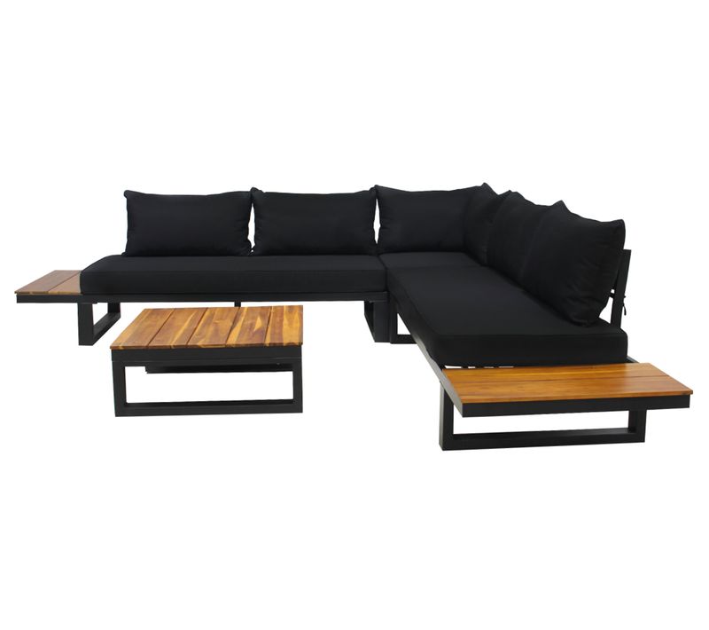 Salome - Salon Bas De Jardin 5 Places + Table - Modulable - Bois, Métal Et Coussins Noirs