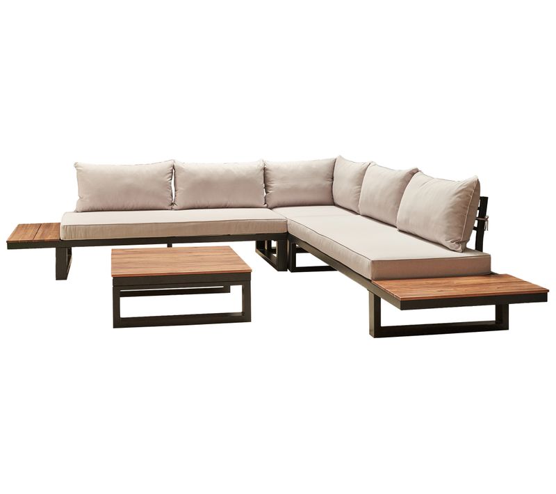 Salome - Salon Bas De Jardin 5 Places + Table - Modulable - Bois, Métal Et Coussins Beiges