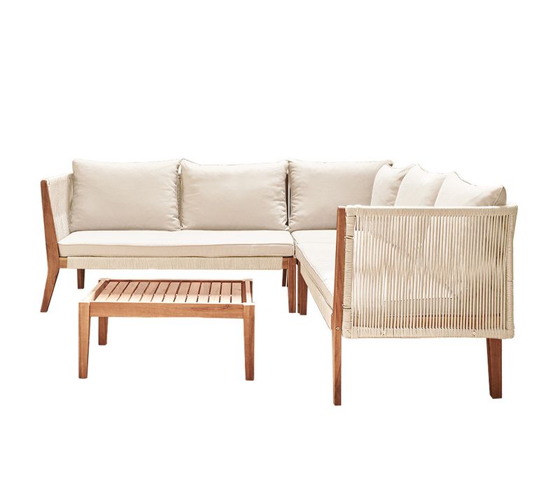 Papua - Salon Bas De Jardin 5 Places - Bois, Corde Et Coussins Beiges