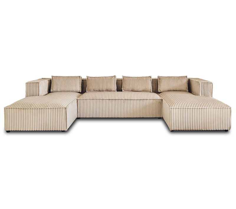Canapé Panoramique 7 Places Stella En Velours Grosses Côtes Beige